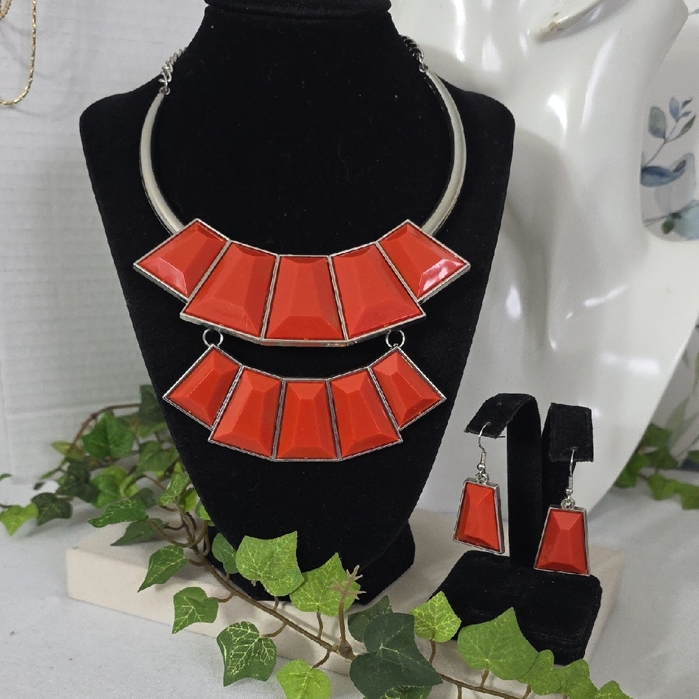 Silver Choker Necklace with Orange Bib and Earrings Set